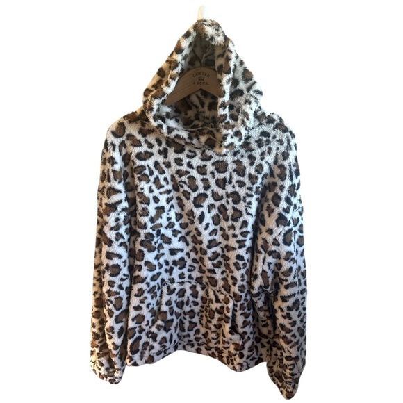 HYFVE Leopard Sherpa Pullover Size Large Hoodie Cream Brown Kangaroo Pocket - Picture 3 of 13